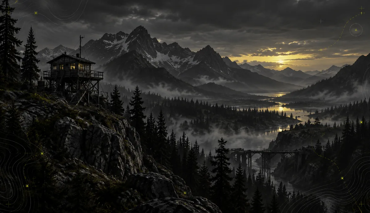 Illustrative concept art of a rugged survival game environment